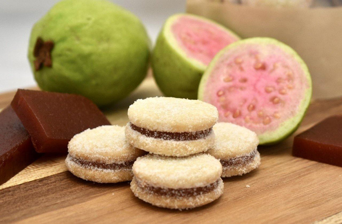 Guava Cookies with Guava fruit cut in half on a cutting board